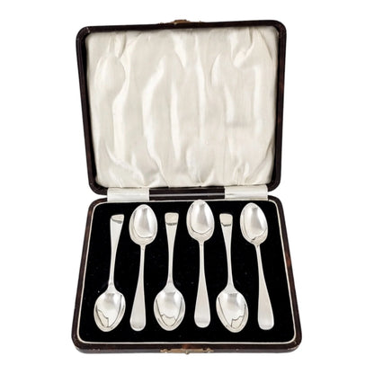 Boxed Art Deco sterling silver set 6 coffee demitasse spoons, Old English pattern