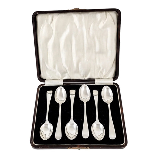 Boxed Art Deco sterling silver set 6 coffee demitasse spoons, Old English pattern