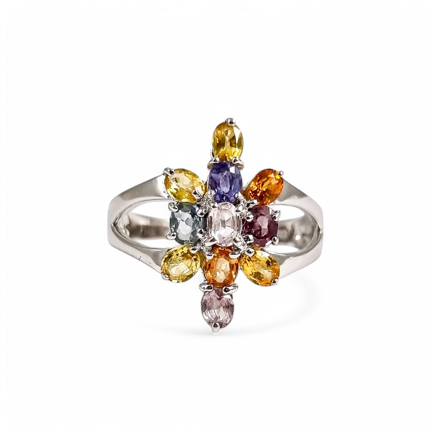 2ct multicolour sapphire 9ct white gold cluster ring, six-colour floral design, N 1/2