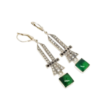 Art Deco sterling silver jade openwork dangle drop earrings