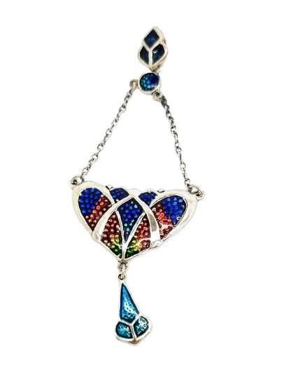 Art Nouveau sterling silver blue red enamel lavaliere pendant