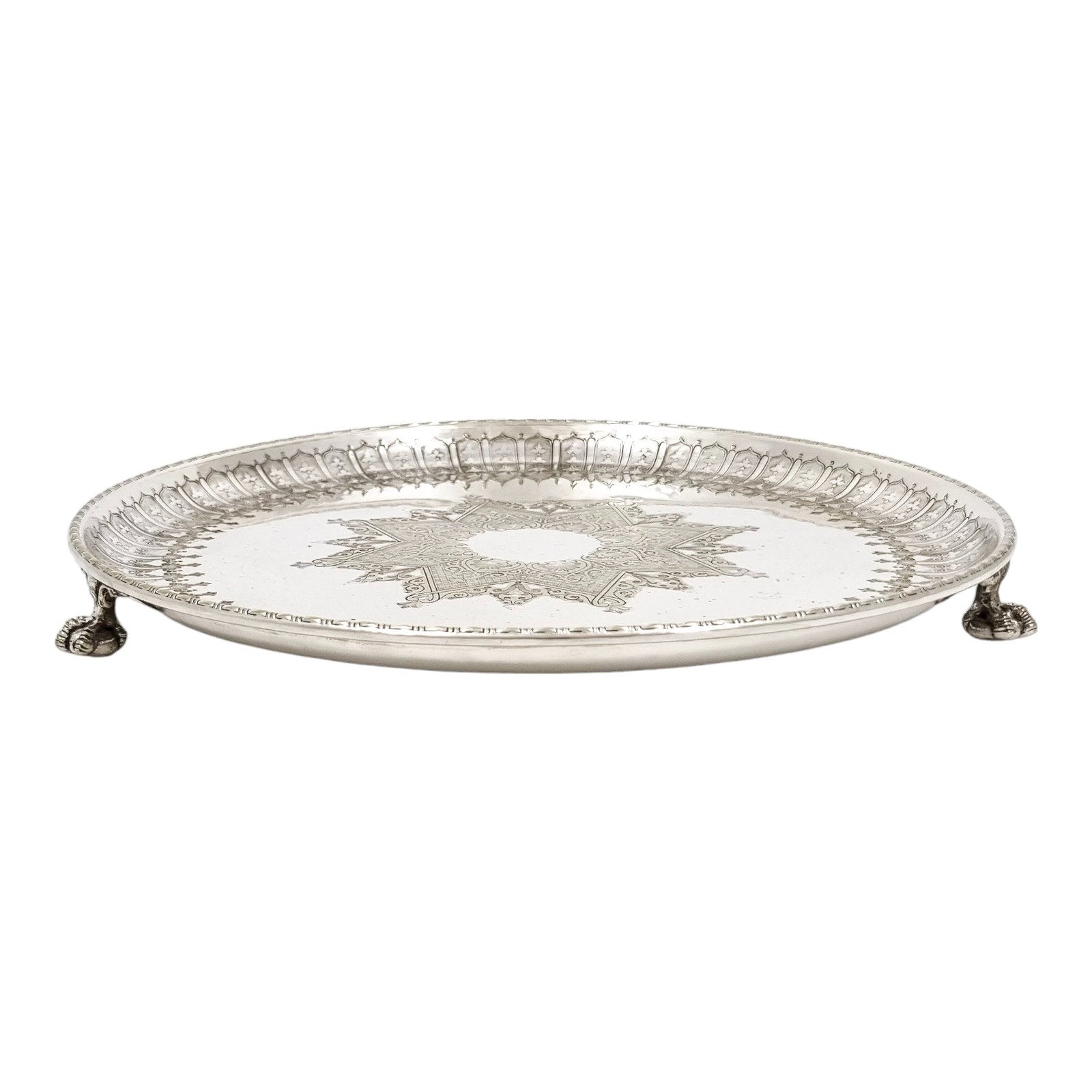 Victorian Walker & Hall silver plated Neoclassical tray on bird claw feet, engraved leaves and scrolls