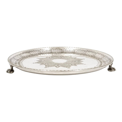 Victorian Walker & Hall silver plated Neoclassical tray on bird claw feet, engraved leaves and scrolls