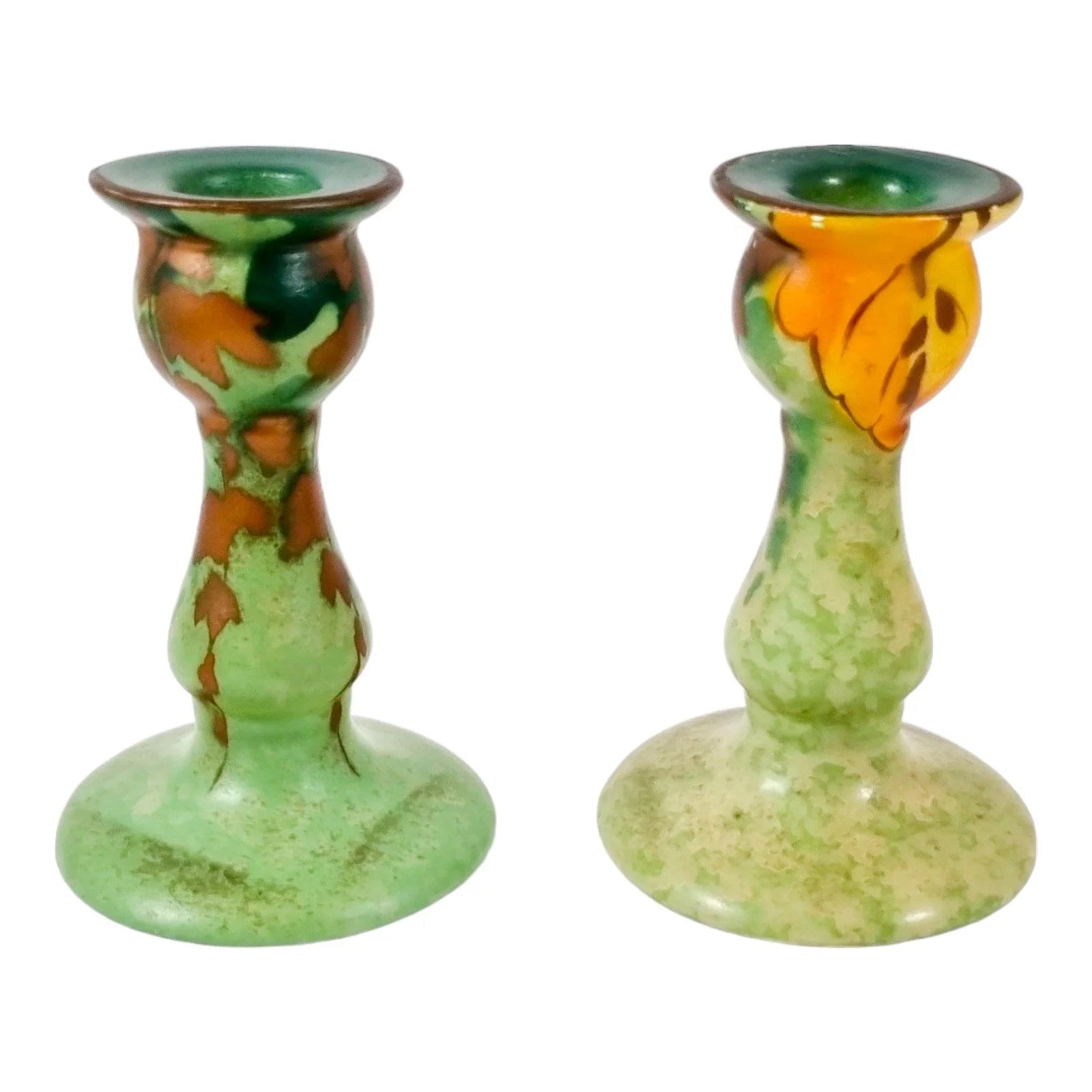 Studio Pottery green chamberstick and 2 matching candlesticks decorated with autumn oak leaves