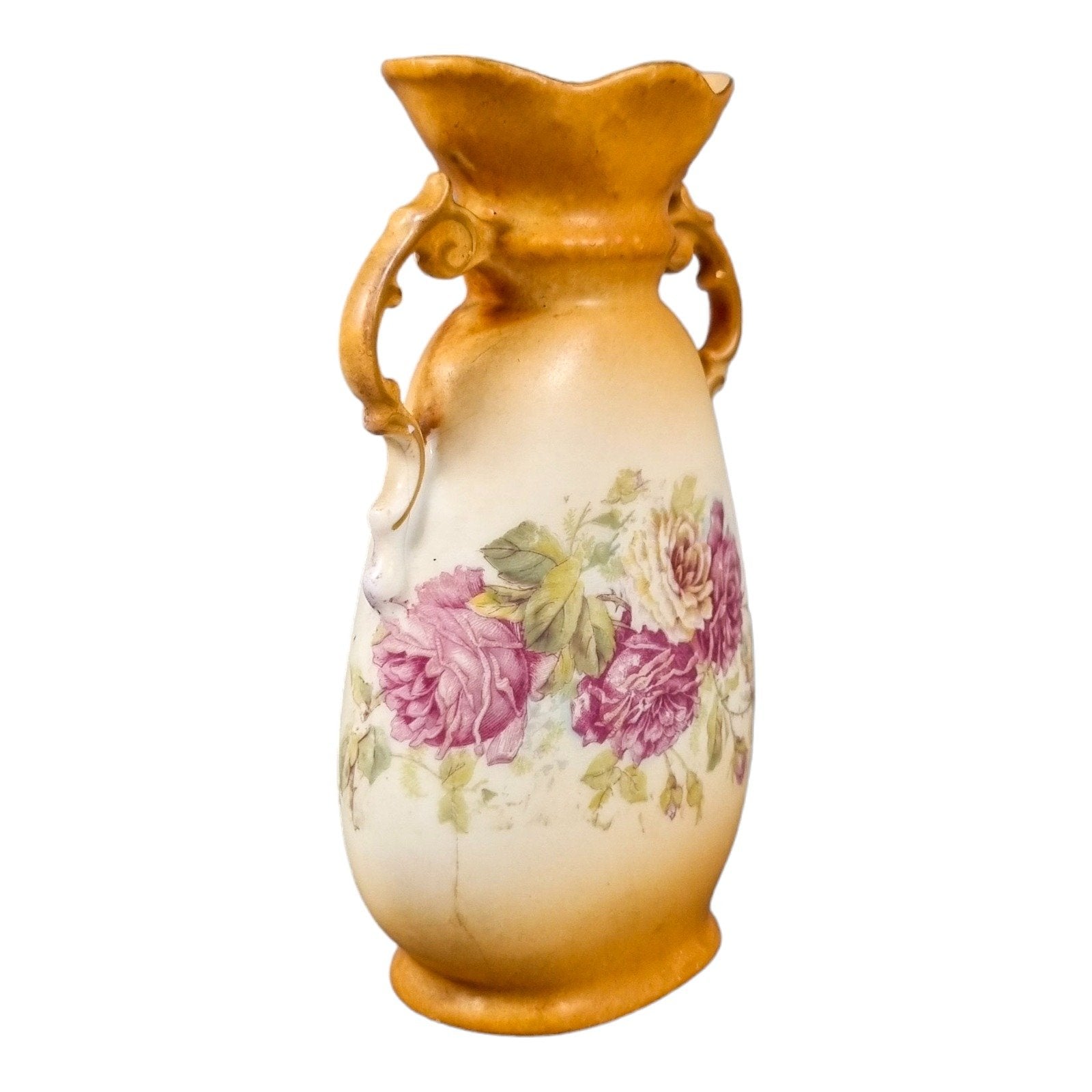 Art Nouveau Bohemian two-handled single-flower porcelain vase decorated with roses