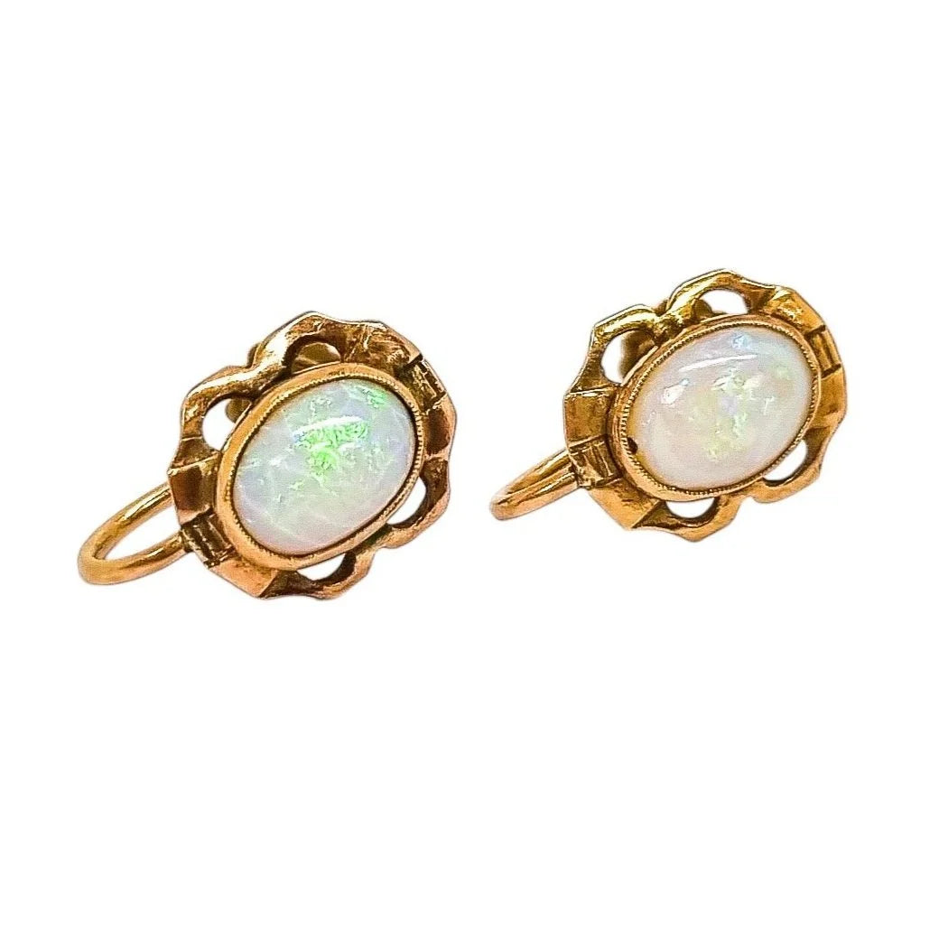 Antique 9ct yellow gold pinfire opal screw-back earrings