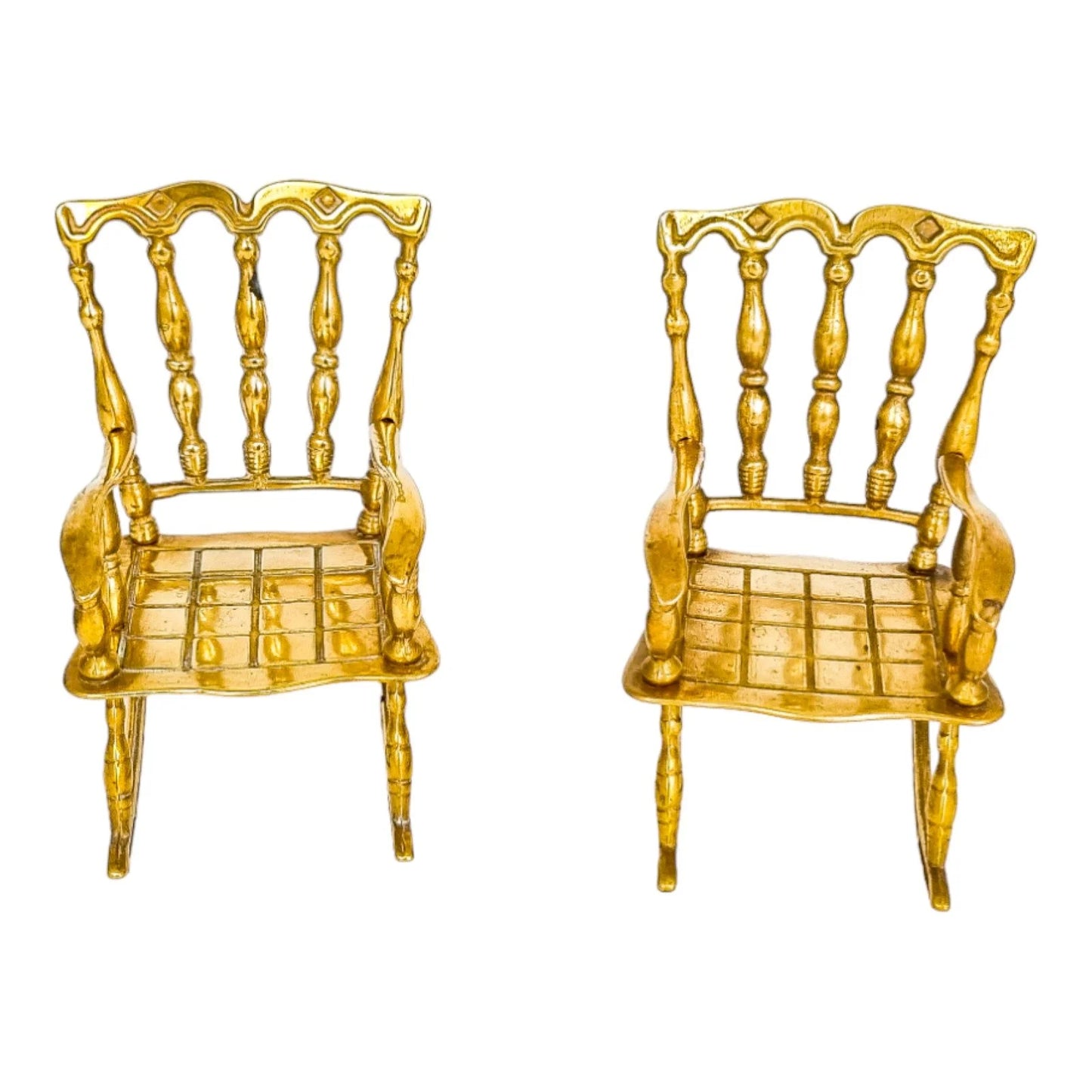 Vintage brass pair of 2 miniature rocking armchairs, dollhouse furniture
