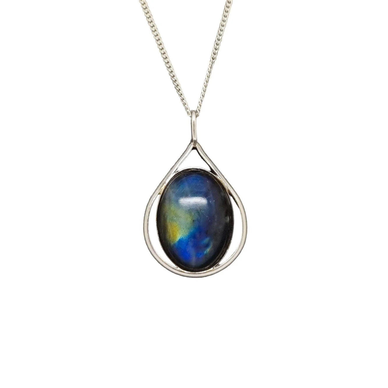 Vintage sterling silver labradorite teardrop pendant necklace on curb chain