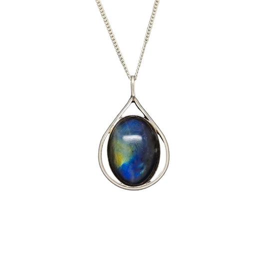 Vintage sterling silver labradorite teardrop pendant necklace on curb chain