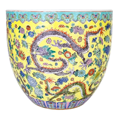 Large Chinese famille jaune porcelain jardinière with dragons and chrysanthemum flowers
