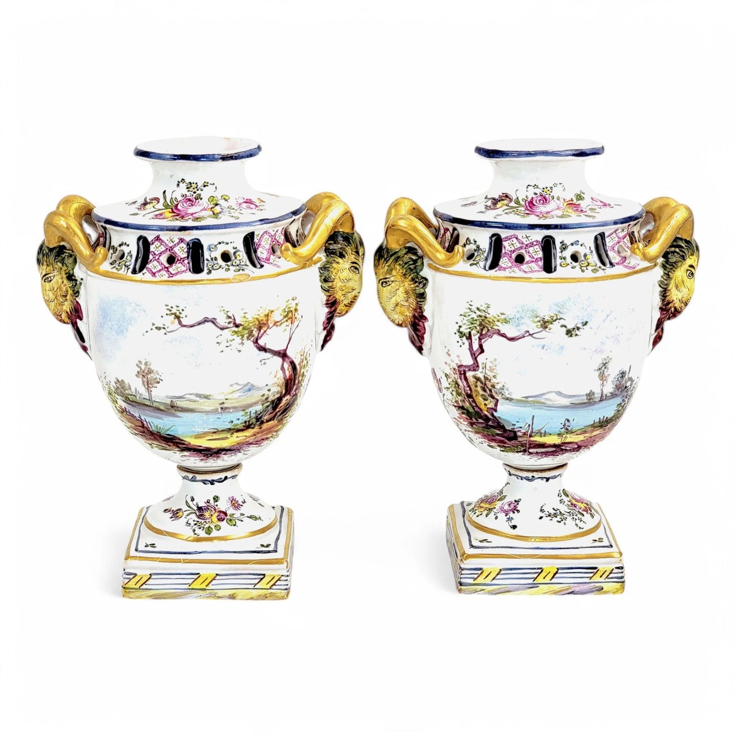 Rare 18th century French faience urns by Veuve Perrin with hand-painted pastoral scenes in Rococo style
