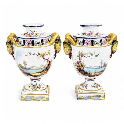 Rare 18th century French faience urns by Veuve Perrin with hand-painted pastoral scenes in Rococo style