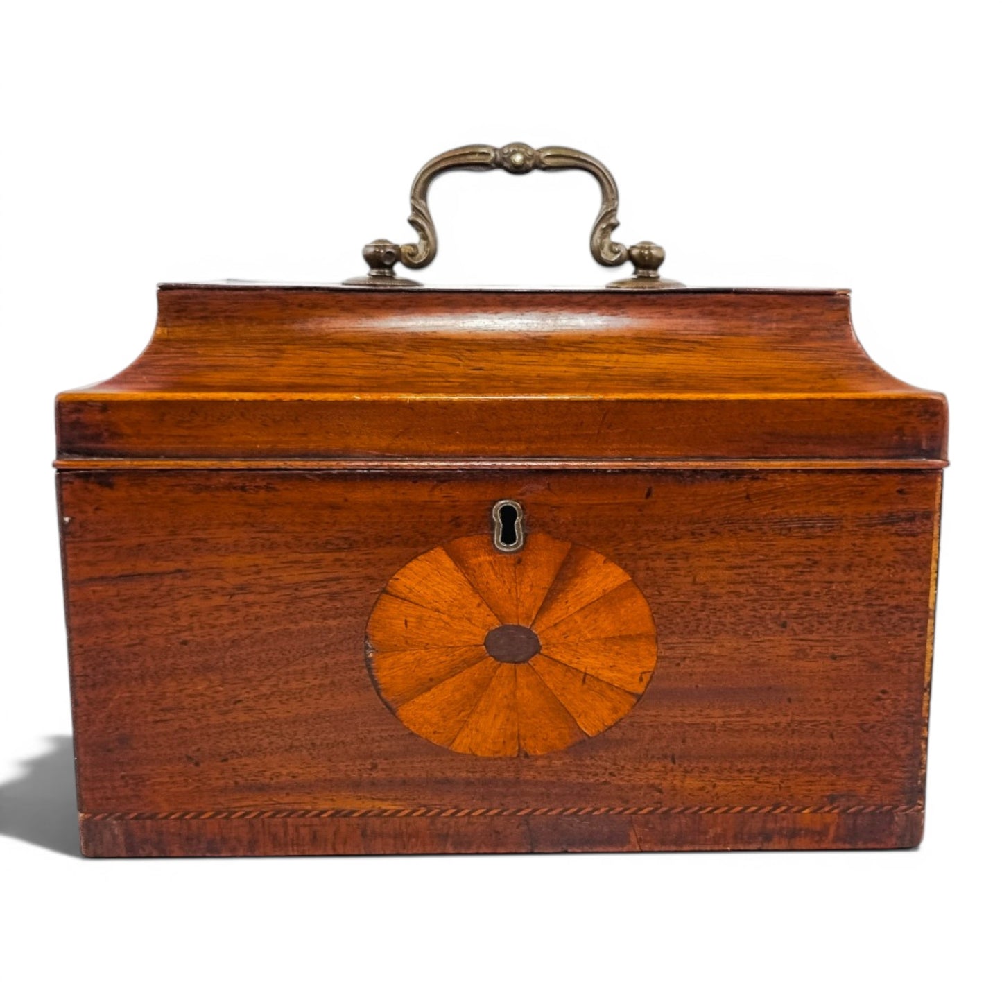 George III mahogany tea caddy, satinwood marquetry