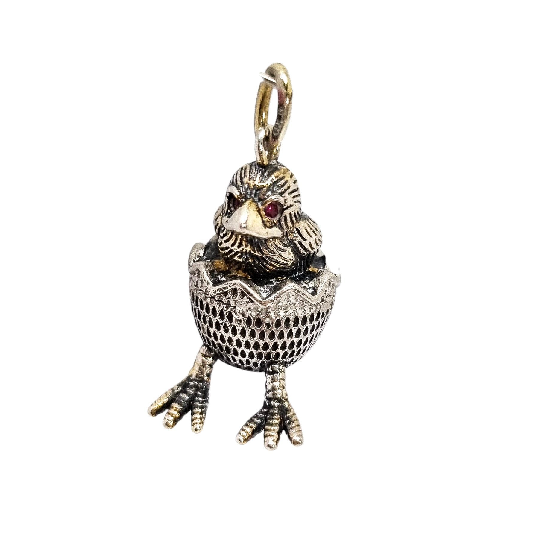 Russian 84 silver gilt egg chick hatching pendant with ruby eyes
