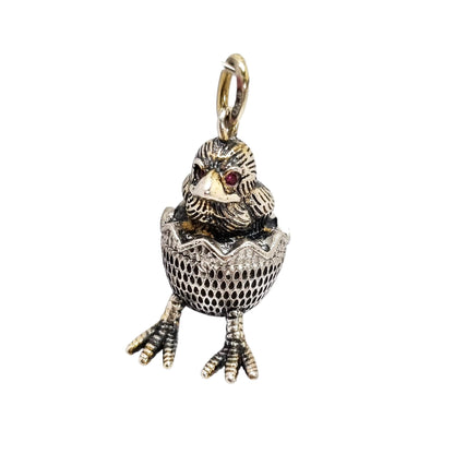 Russian 84 silver gilt egg chick hatching pendant with ruby eyes
