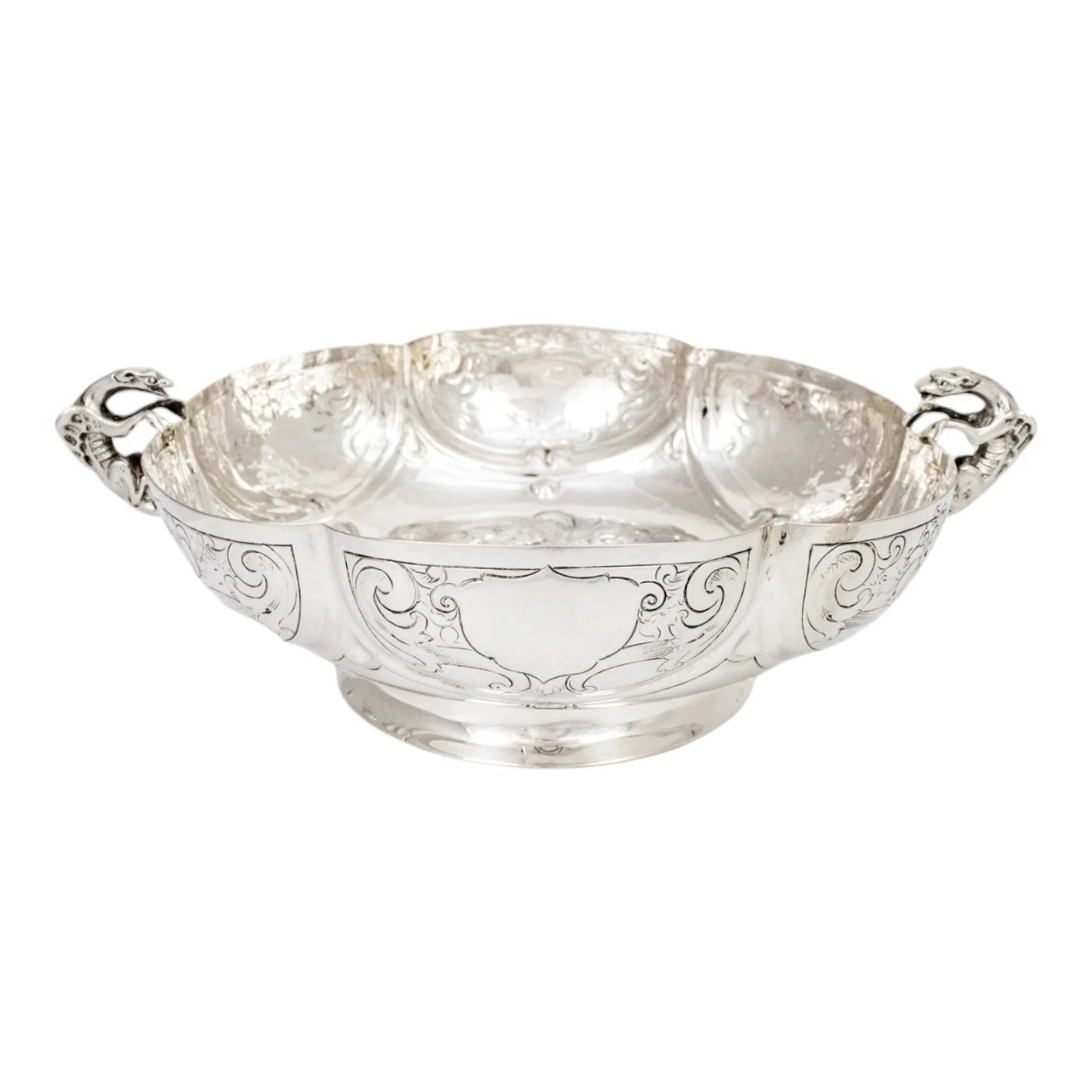 Georgian sterling silver lobed embossed fruit bowl with flying dog handles