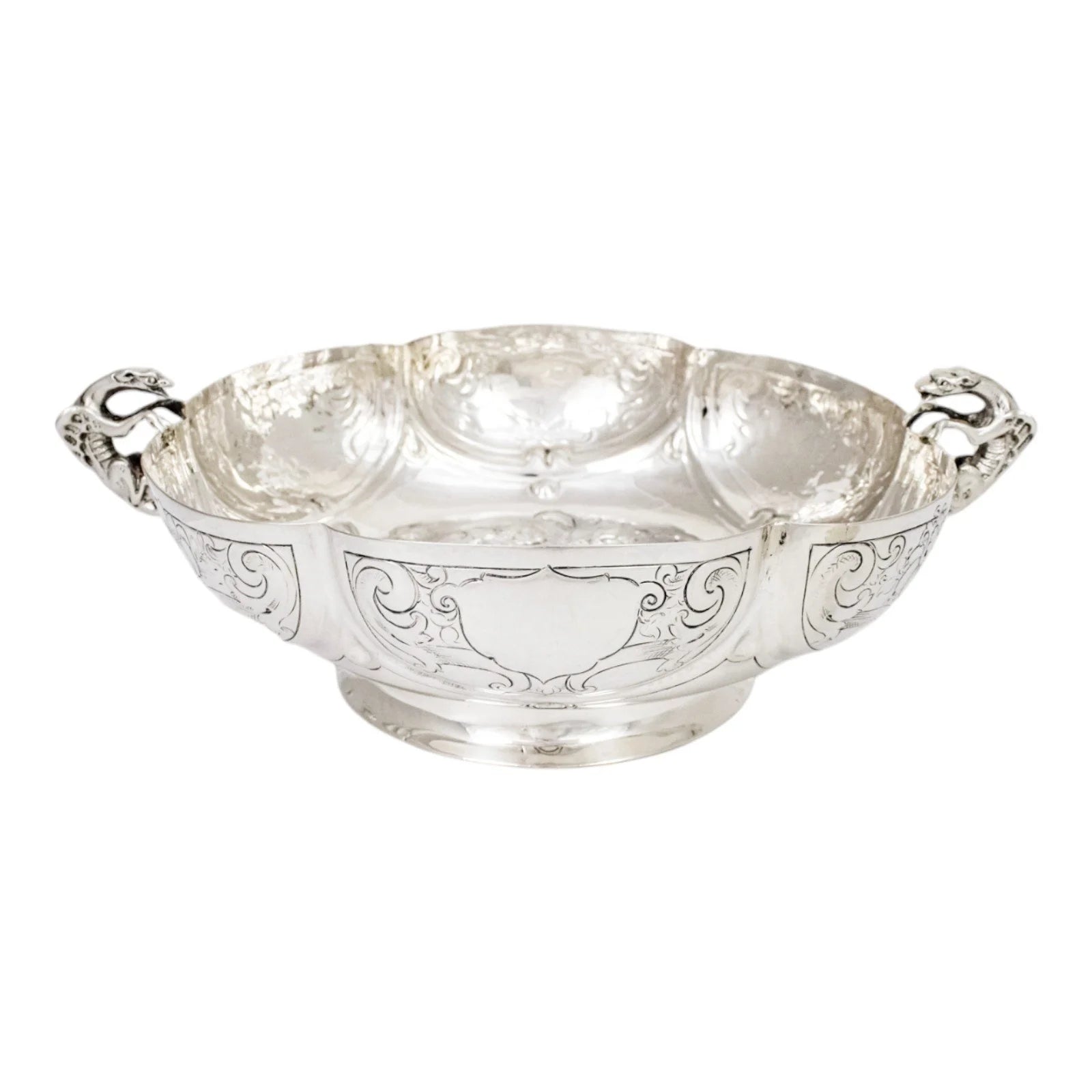 Georgian sterling silver lobed embossed fruit bowl with flying dog handles