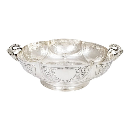 Georgian sterling silver lobed embossed fruit bowl with flying dog handles