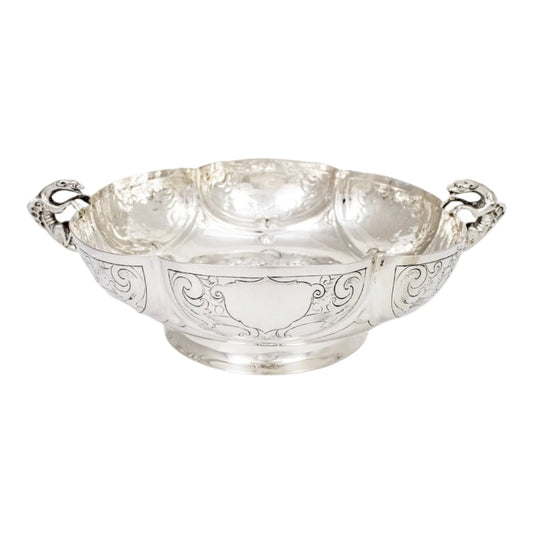 Georgian sterling silver lobed embossed fruit bowl with flying dog handles