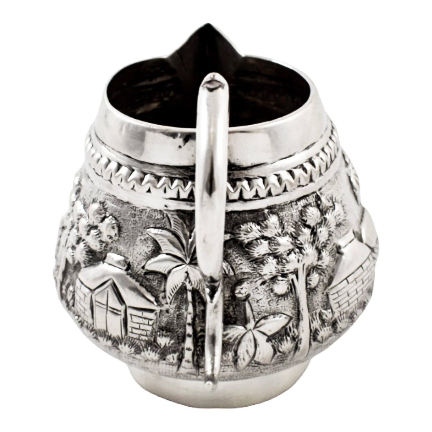 Colonial Raj Calcutta silver milk jug / creamer embossed with village scenes
