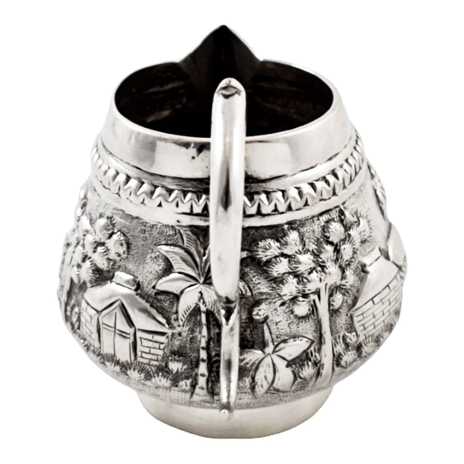 Colonial Raj Calcutta silver milk jug / creamer embossed with village scenes