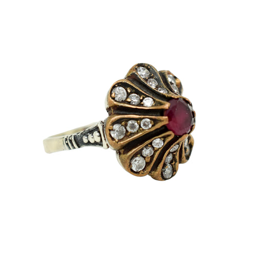 Vintage Renaissance style sterling silver and ruby floral statement cocktail cluster ring, size P