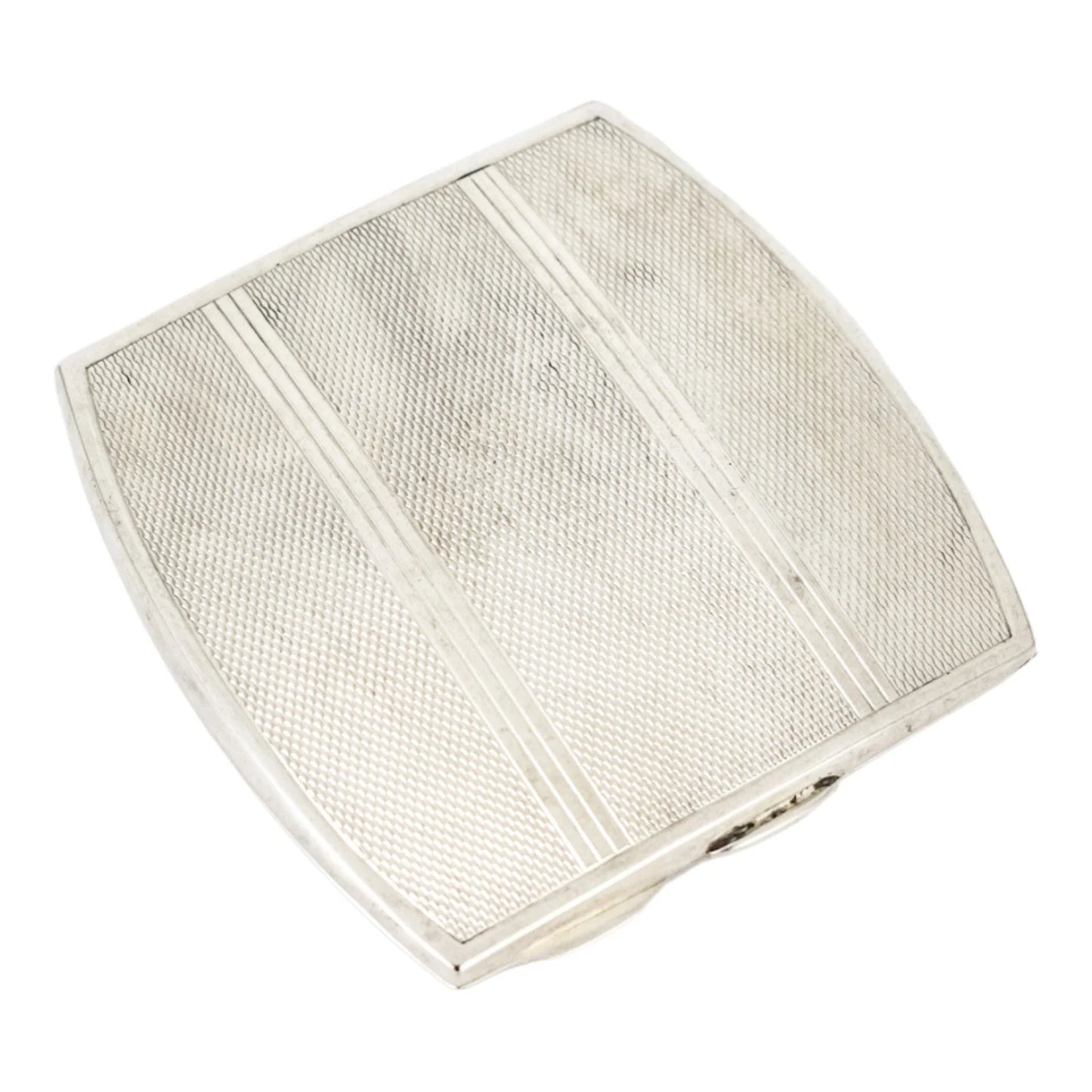 Sterling silver Art Deco engine-turned square compact powder case with mirror