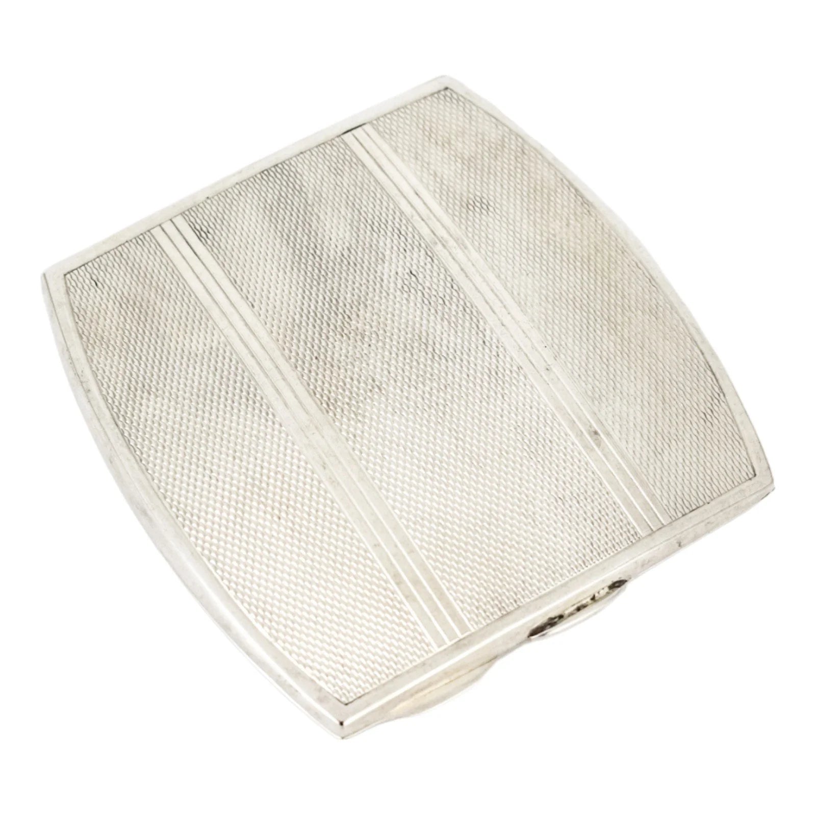 Sterling silver Art Deco engine-turned square compact powder case with mirror