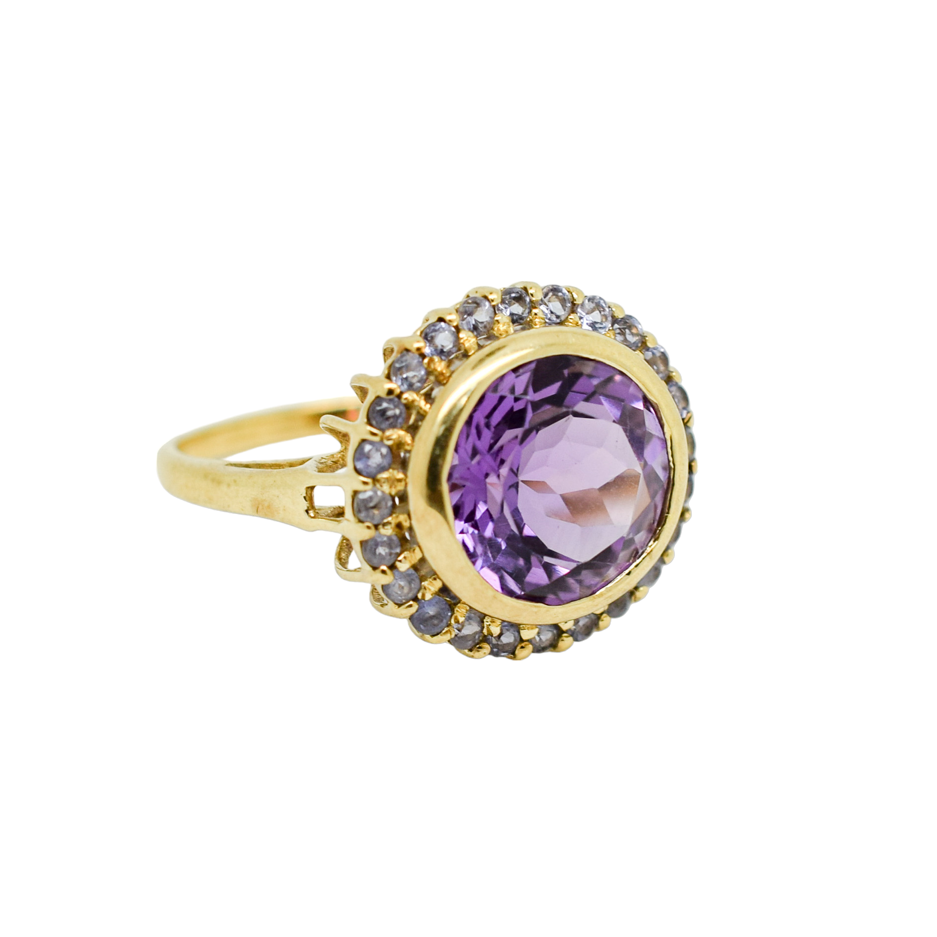 Vintage 5ct amethyst and topaz round-cut statement ring in 9ct yellow gold, size N