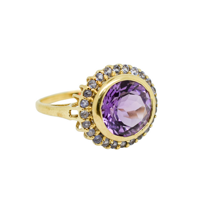 Vintage 5ct amethyst and topaz round-cut statement ring in 9ct yellow gold, size N