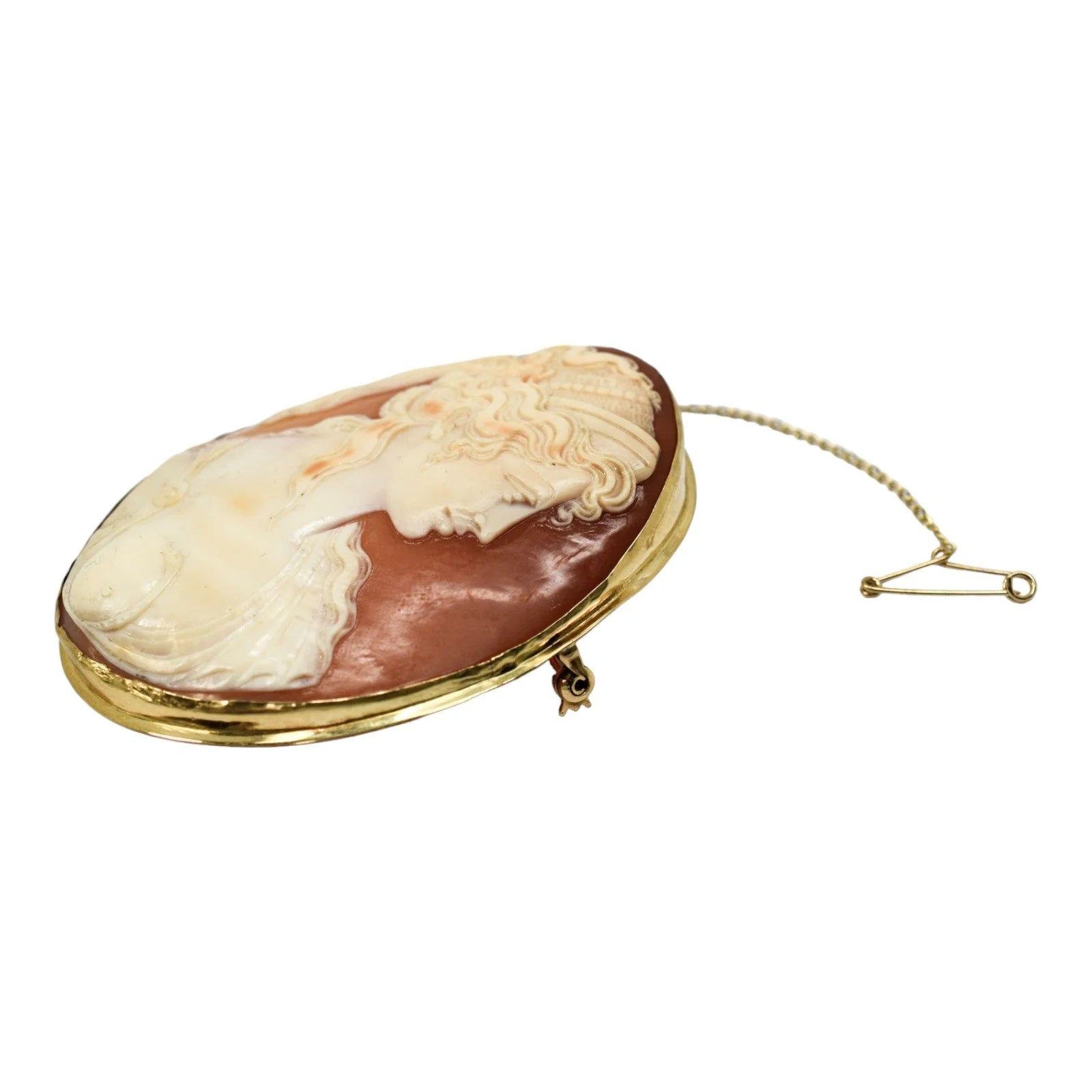 Antique 18ct gold large cameo brooch of Greek woman with snake coiling on her breast
