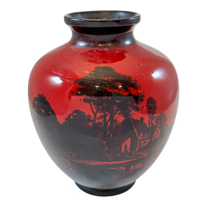 Art Deco pair red flambe porcelain urns, Charles Noke for Royal Doulton
