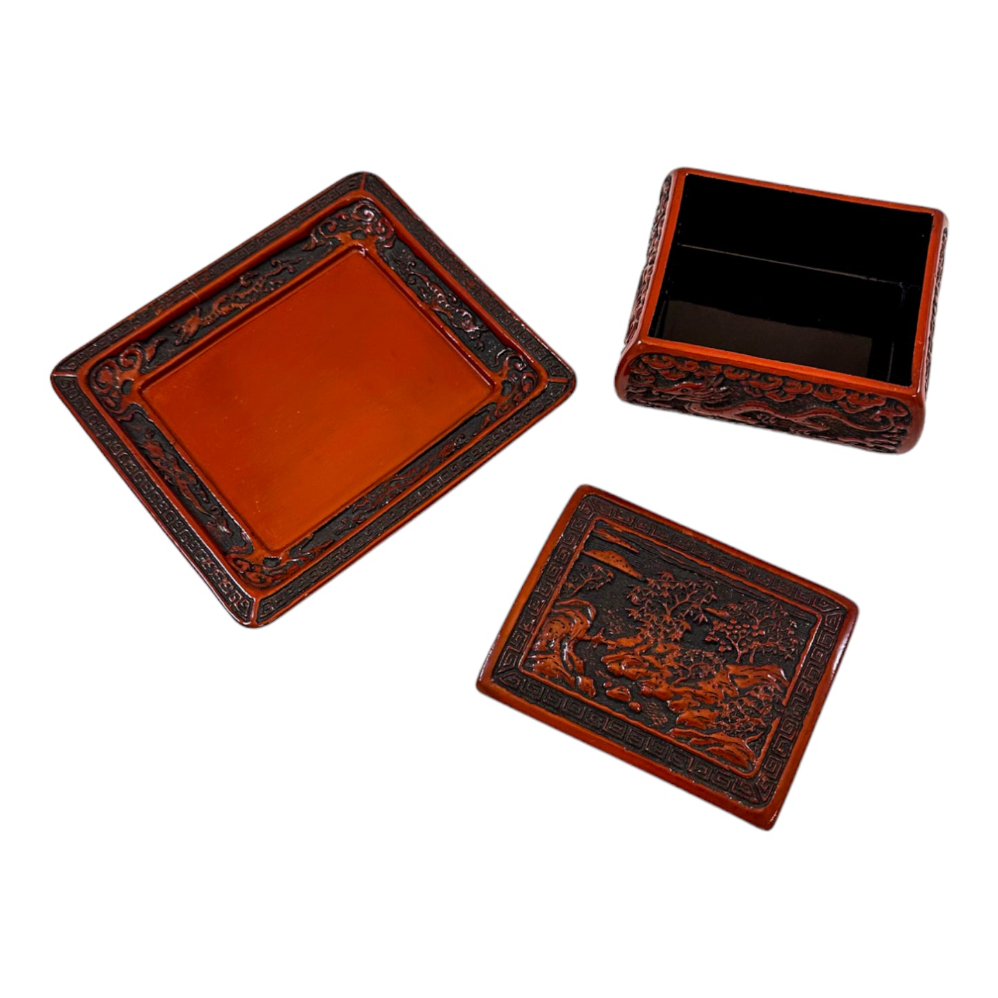 1920's Chinese Republic red lacquer cinnabar lidded box with tray