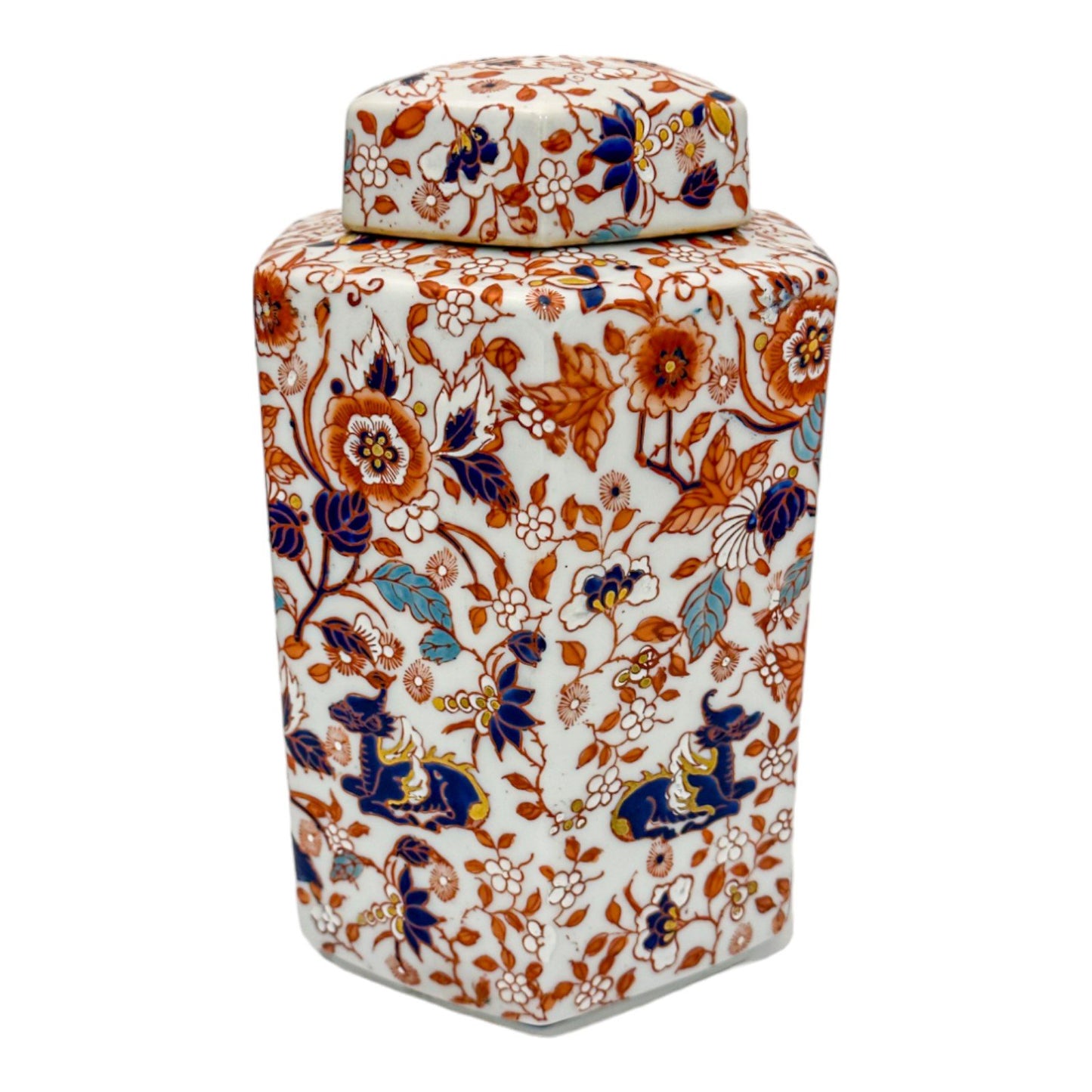 Japanese Meiji era hexagonal lidded caddy / ginger jar with blossoming flowers
