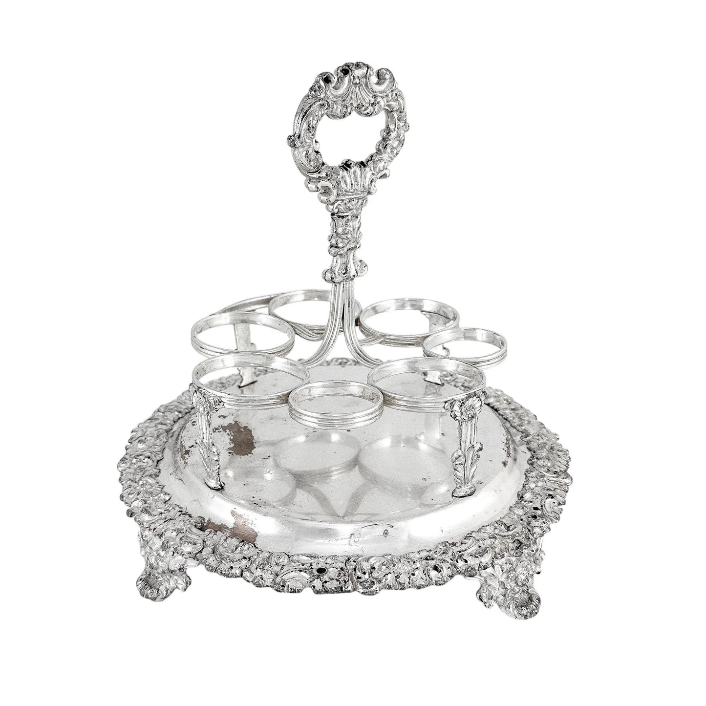 George III Old Sheffield silver plate cruet stand for 7 bottles, raised on paw feet