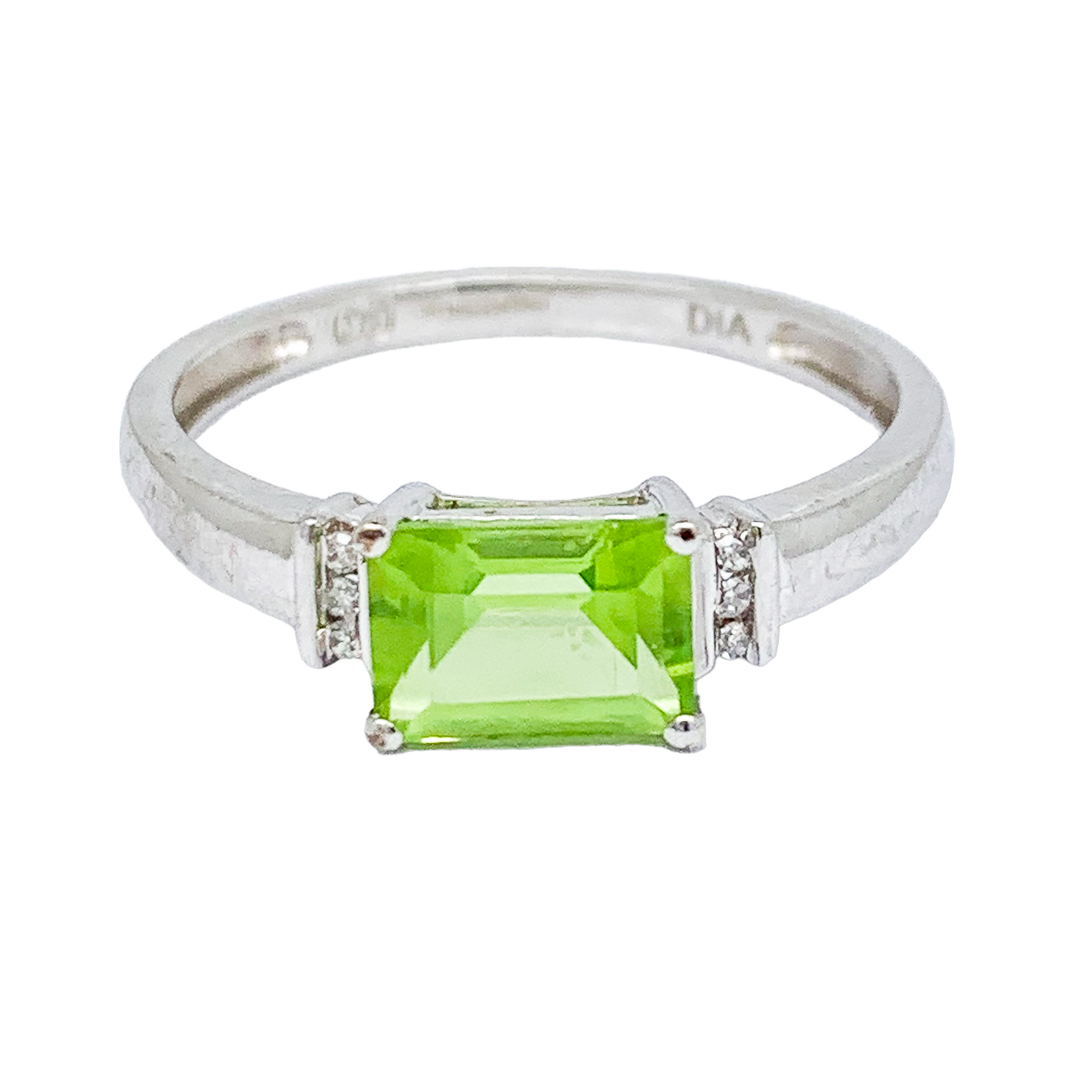 Art Deco style 9ct white gold baguette peridot and diamond dress ring, size O