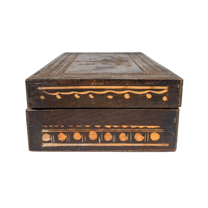 Vintage French chestnut wood trinket / card / cigarette box with hand carved floral lid