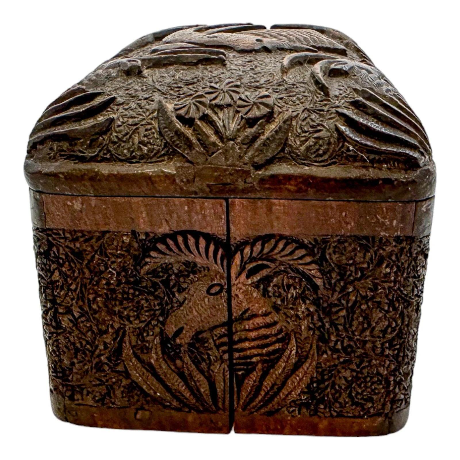 Antique Anglo-Indian carved sandalwood cigarette holder, dispensing box