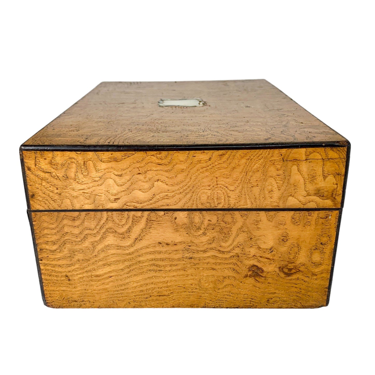 Victorian burr walnut jewellery workbox with lift-out tray and mother of pearl escutcheon