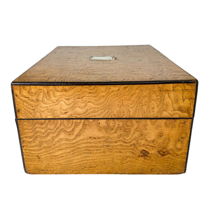 Victorian burr walnut jewellery workbox with lift-out tray and mother of pearl escutcheon