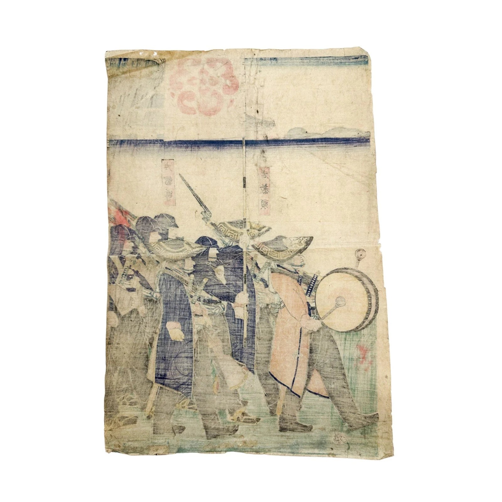 Edo period "Parade of the Emperor's Troops" woodblock print triptych by Utagawa Yoshifuji