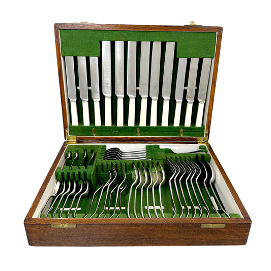 Art Deco 6 person 50 piece oak cutlery canteen full dinner set