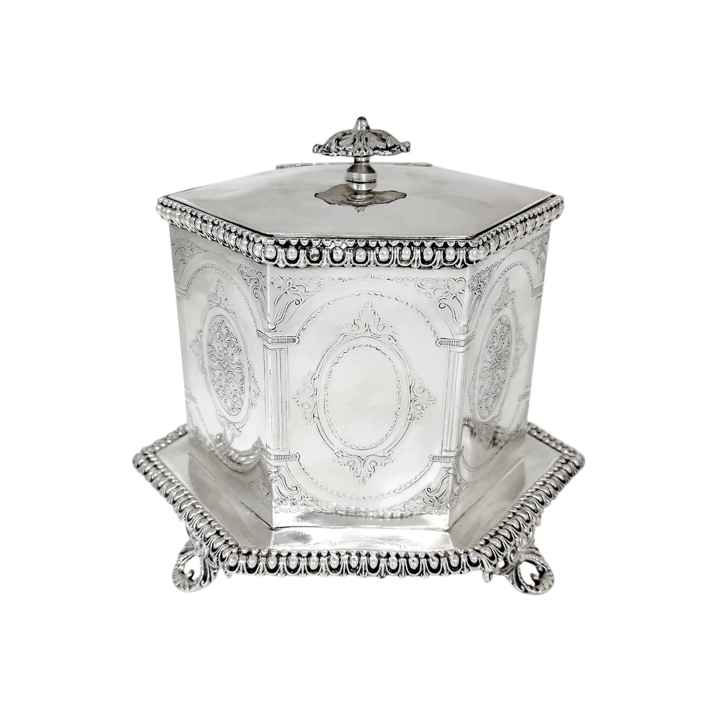 Victorian Neoclassical 6-sided silver-plated biscuit barrel on cast feet with egg-and-dart trim