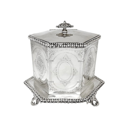 Victorian Neoclassical 6-sided silver-plated biscuit barrel on cast feet with egg-and-dart trim