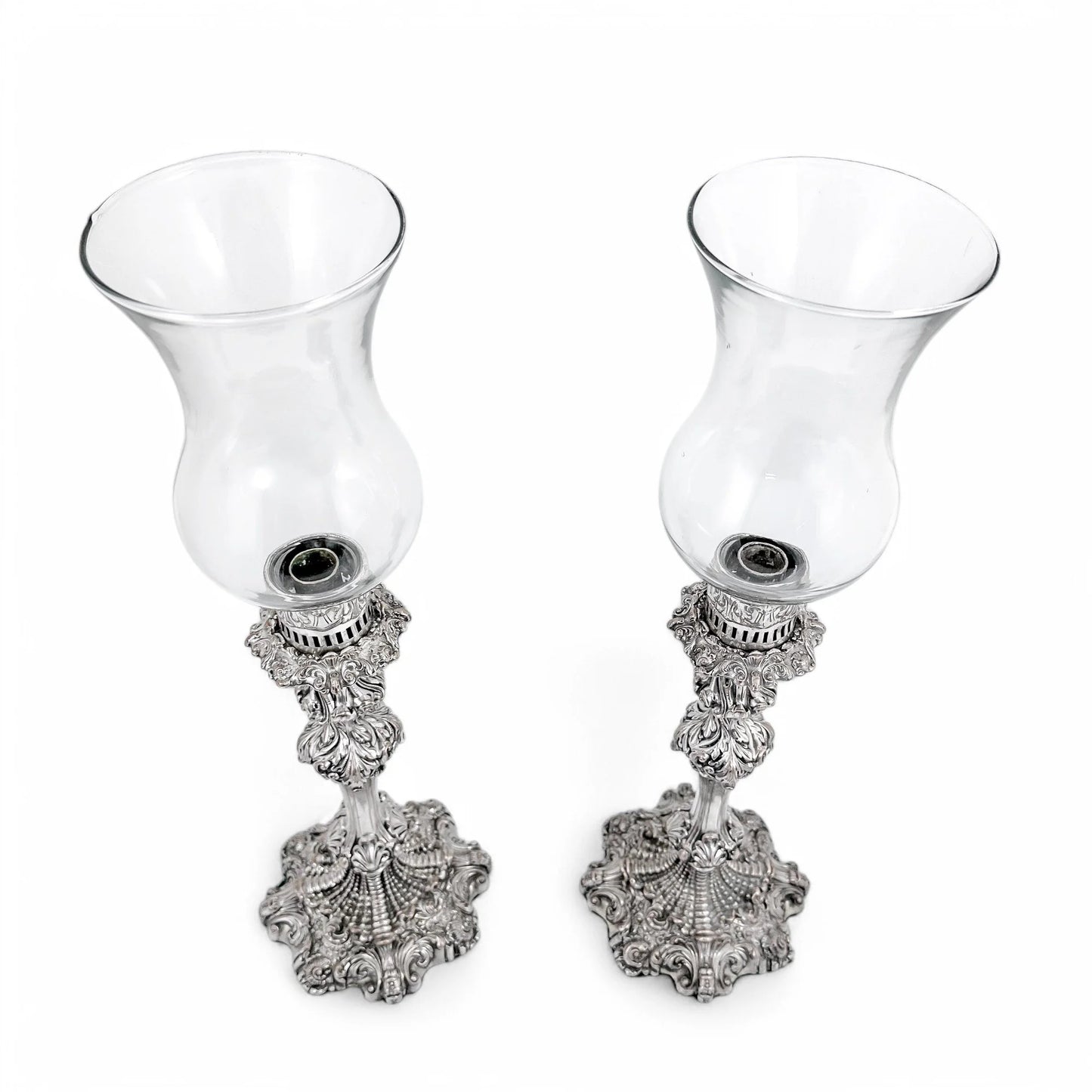 1790's Old Sheffield plate tall candlesticks with hurricane glass shades