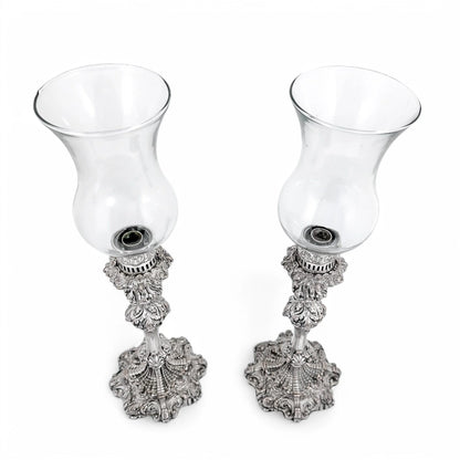 1790's Old Sheffield plate tall candlesticks with hurricane glass shades