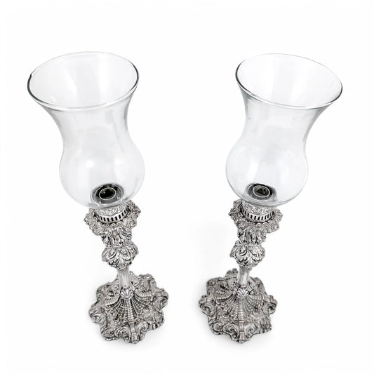 1790's Old Sheffield plate tall candlesticks with hurricane glass shades