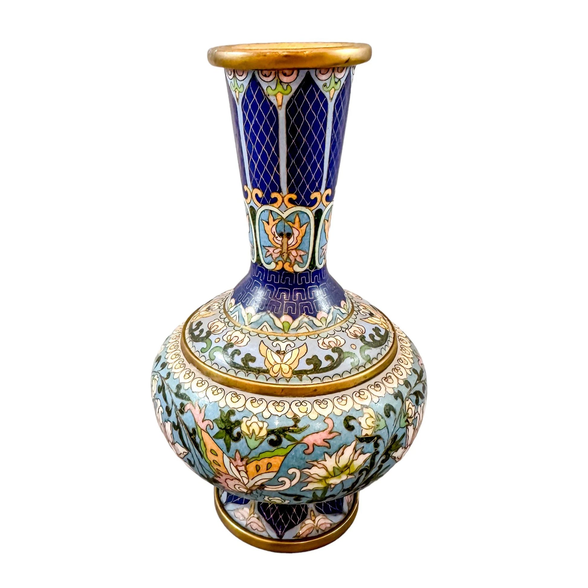 Chinese Republic blue cloisonné enamel and bronze butterfly and floral vase