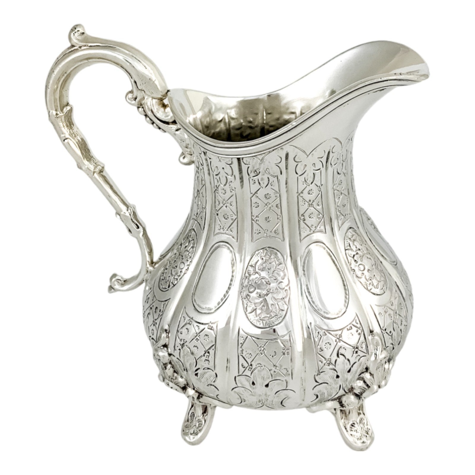1860’s silverplate 4 piece tea and coffee set with nut finials and embossed flowers