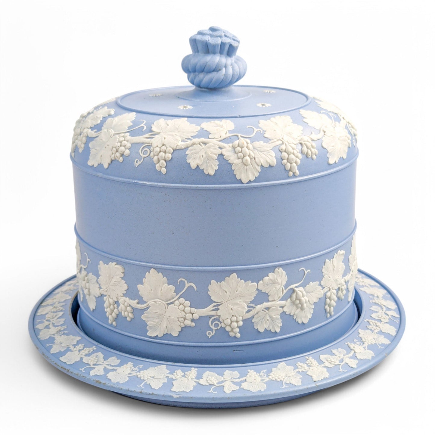 Antique English Wedgwood style blue jasperware cheese dome and stand with grapevine decoration, 19th century